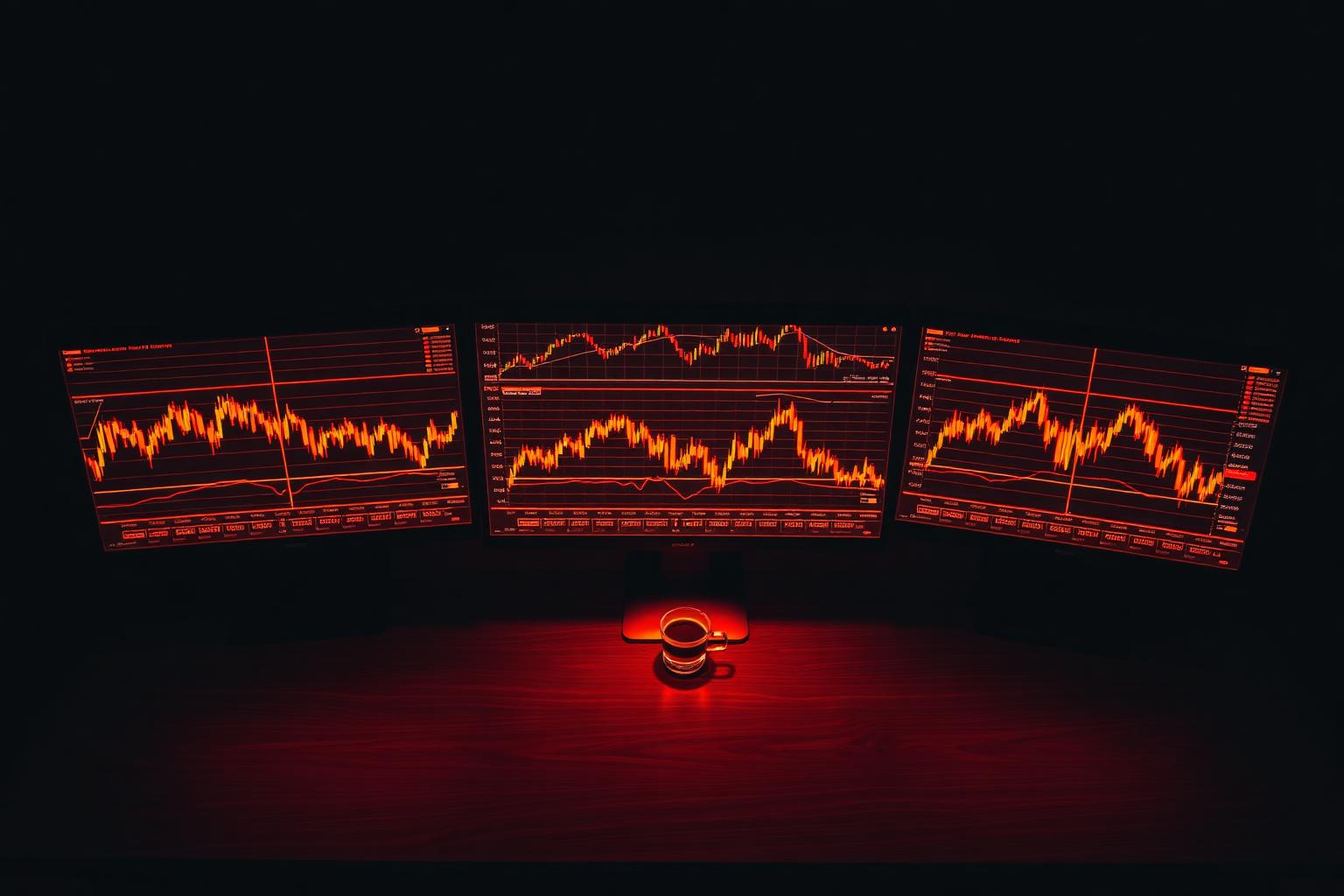 Trading desk with red candlestick charts
