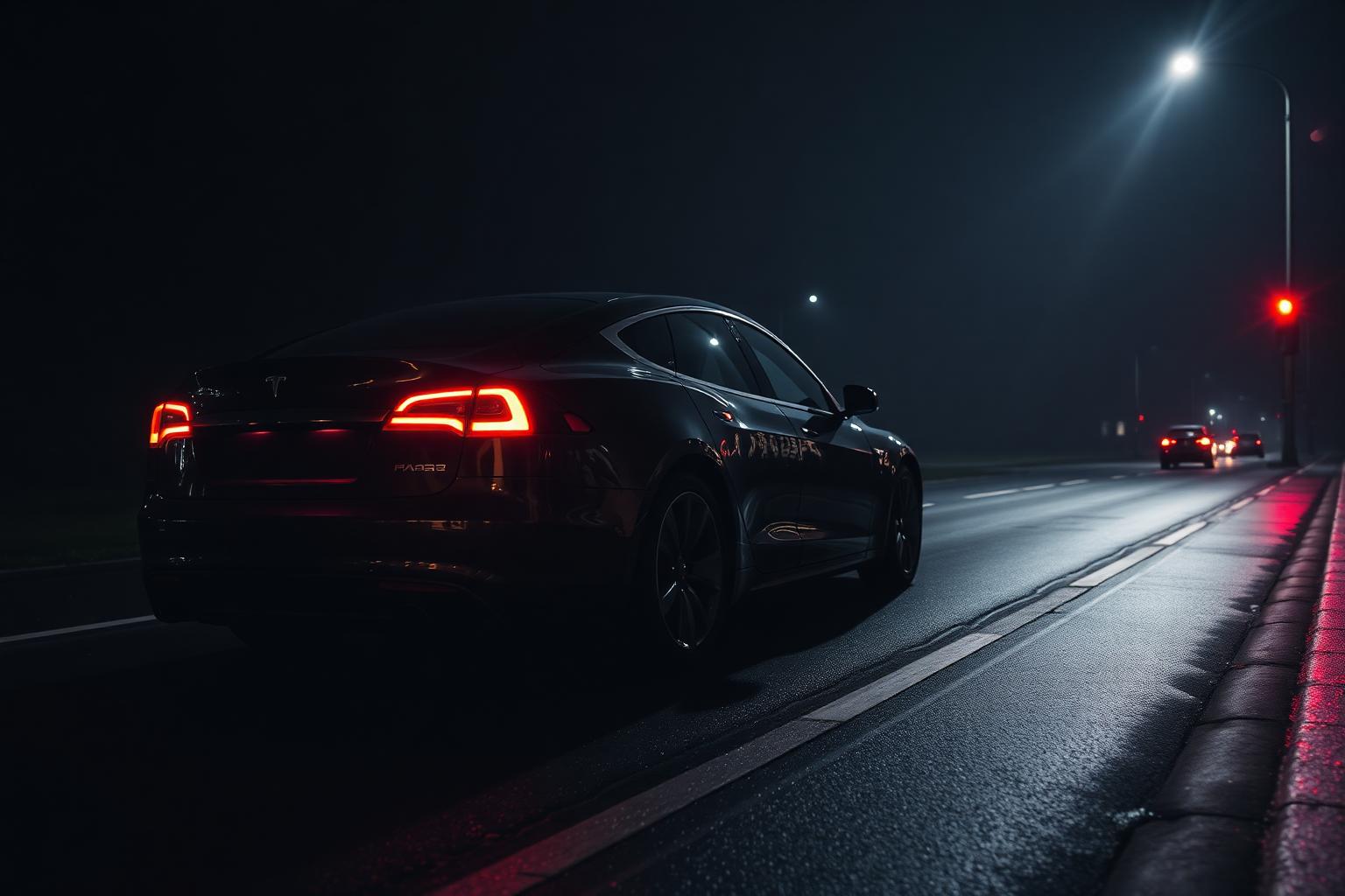 Tesla vehicle at night, tail-lights glowing